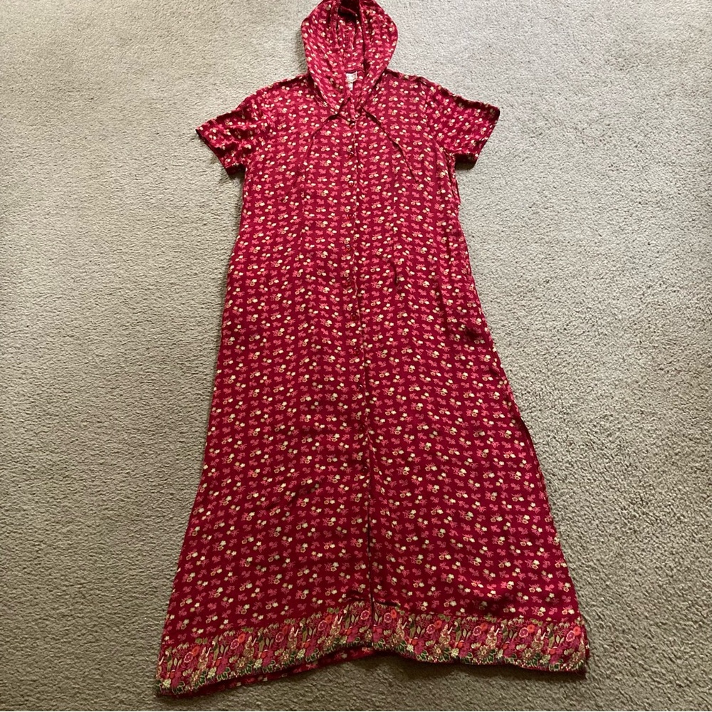 Vintage Y2K Red Short Sleeve Hooded Drawstring Floral Button Up Y2K Maxi Dress M - Picture 6 of 13